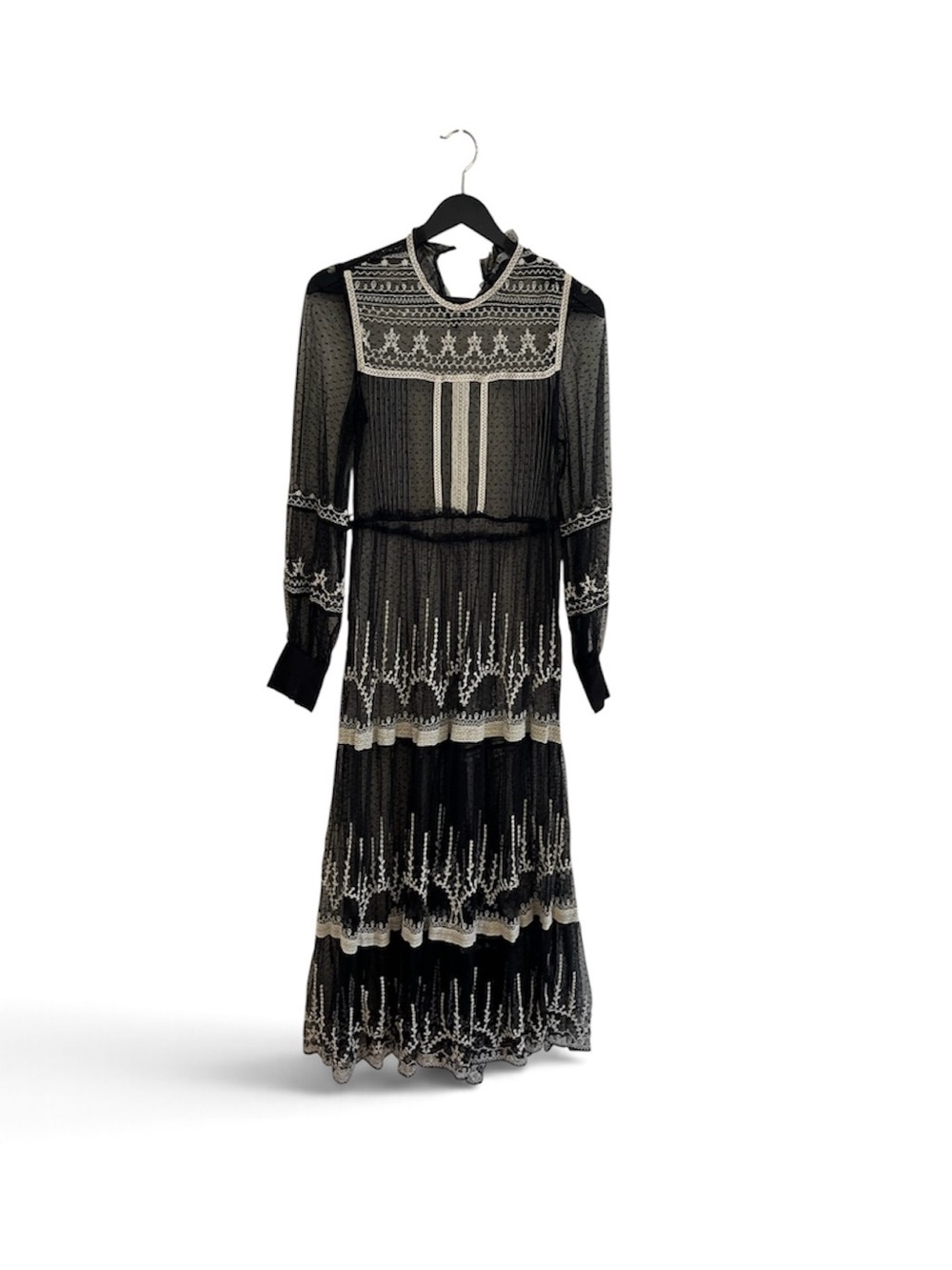 Zara Black Maxi Dress with Cream Embroidered Trim shear